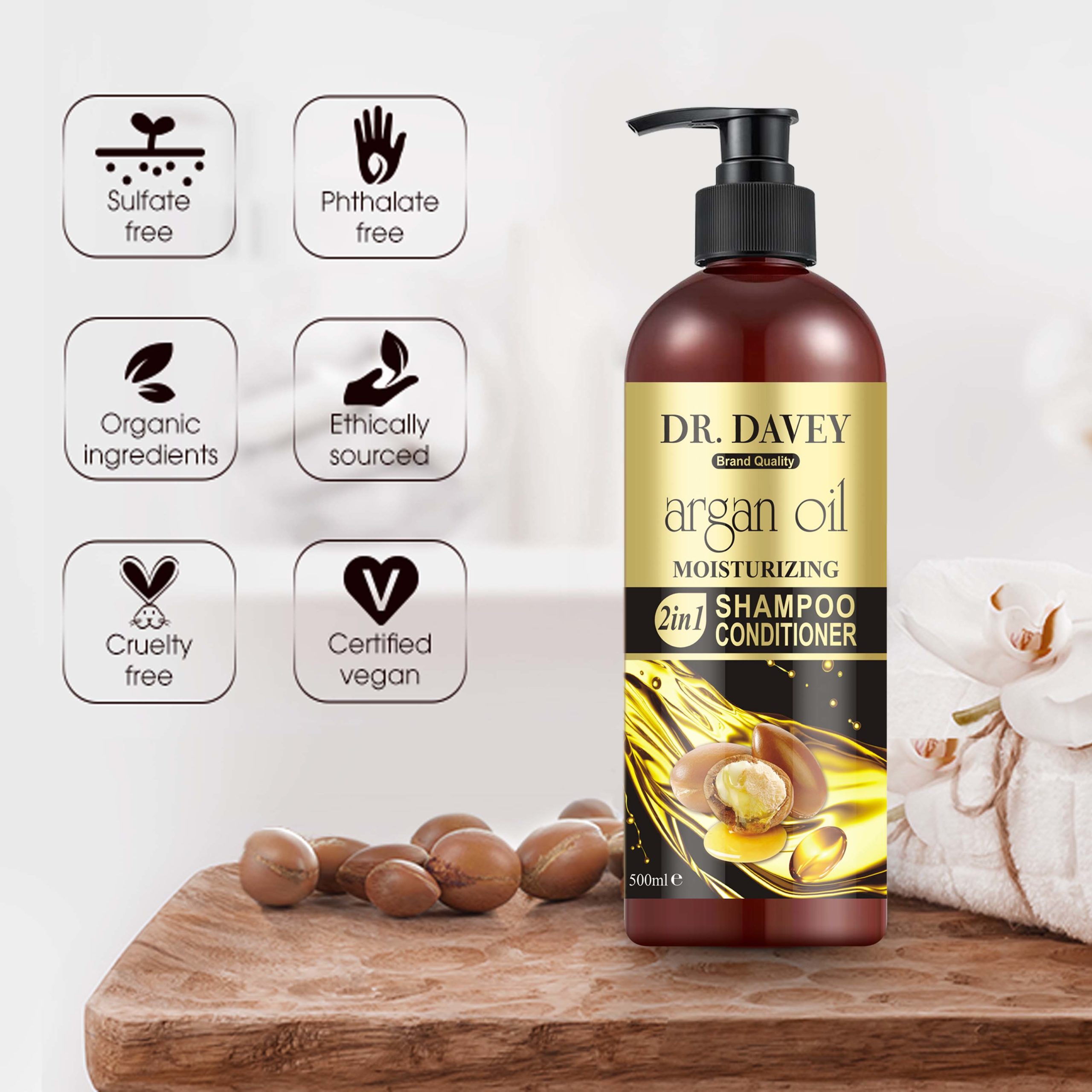 Dr. Davey 100% Natural Argan Oil 2 in 1 Moisturizing Shampoo & Conditioner 500ml - Image 8